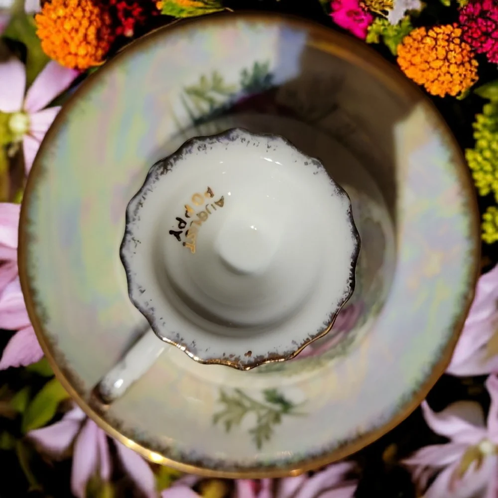 Vtg August Poppy Iridescent Demitasse Footed Cup Saucer Heavy Gold Accents